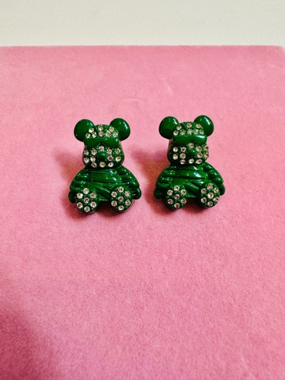 Green Teddy Bear Rhinestone Stud Earrings